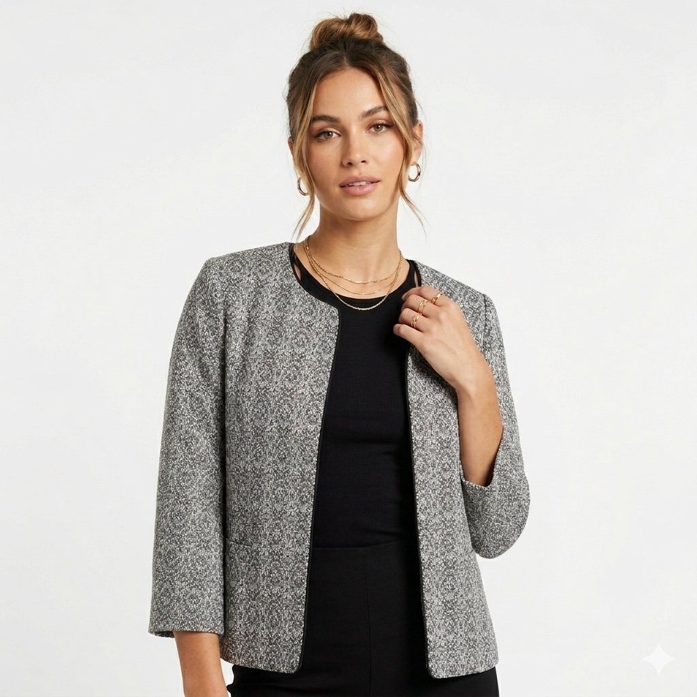 NWT Anthropologie Pleione Gray Textured Open-Front Tweed Jacket MD